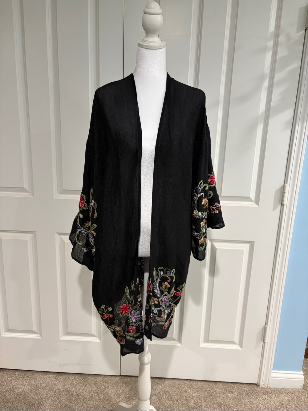 Amazon Black Embroidered Floral Open-Front Kimono Coverup